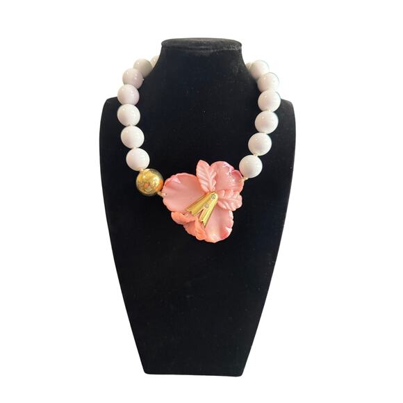 Vintage Large Statement Beaded Pink Hibiscus With White And Gold Tone Beads - Picture 3 of 6